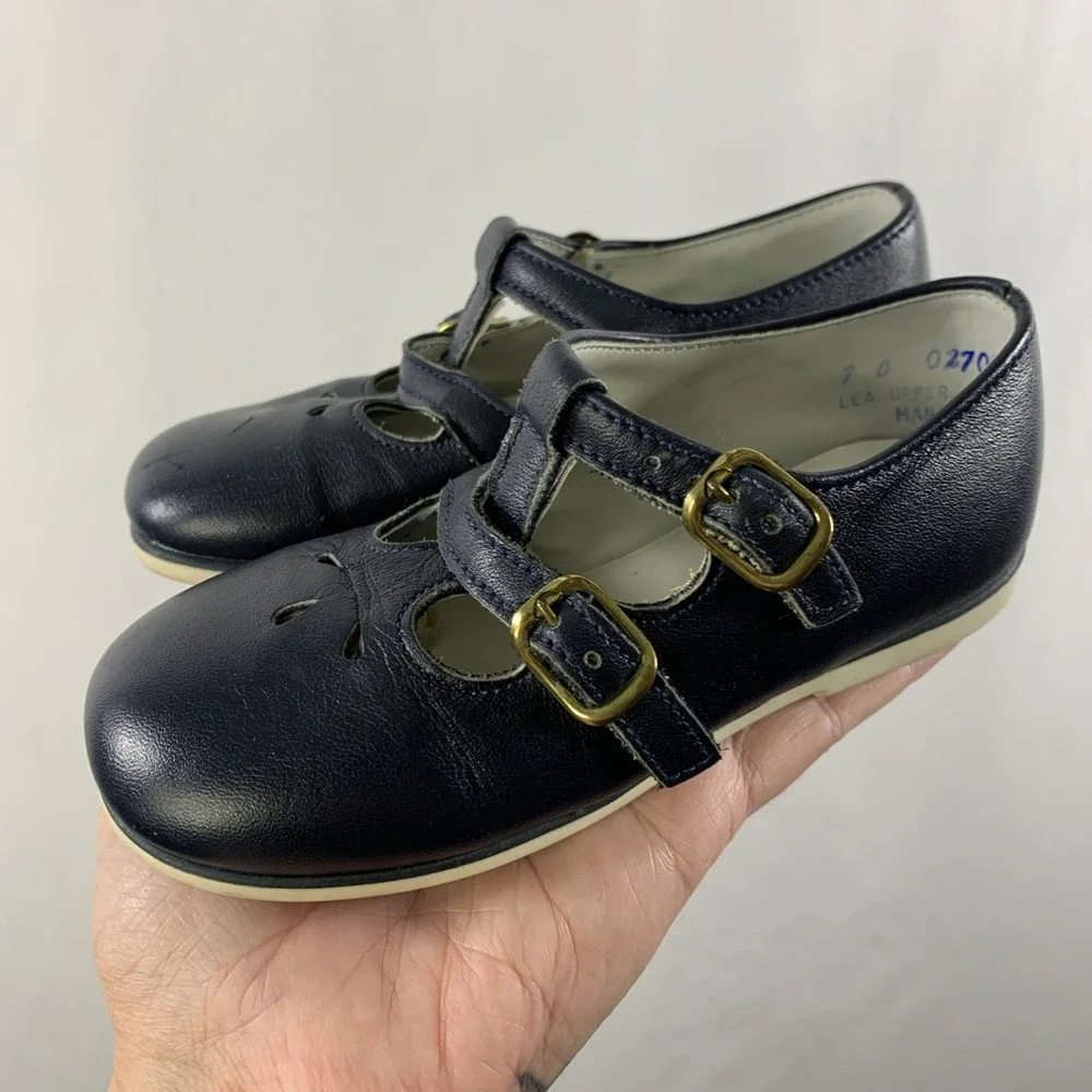 VTG Stride Rite Girls Leather Shoes Size 7 D Navy Hard Soles T Strap Mary Jane